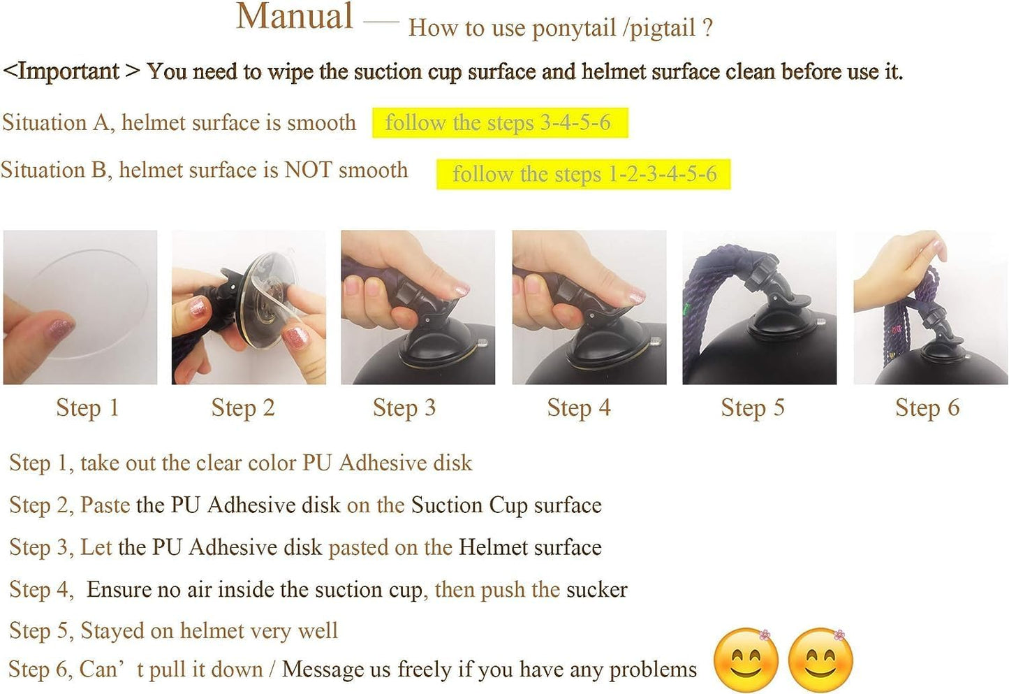 Helmet Hair Pigtails Gradient Ramp Braids Ponytail with Suction Cup for Motorcycle Bike 1PC (Helmet NOT Included)