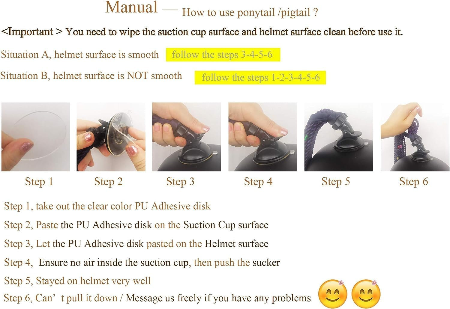 Helmet Hair Pigtails Gradient Ramp Braids Ponytail with Suction Cup for Motorcycle Bike 1PC (Helmet NOT Included)