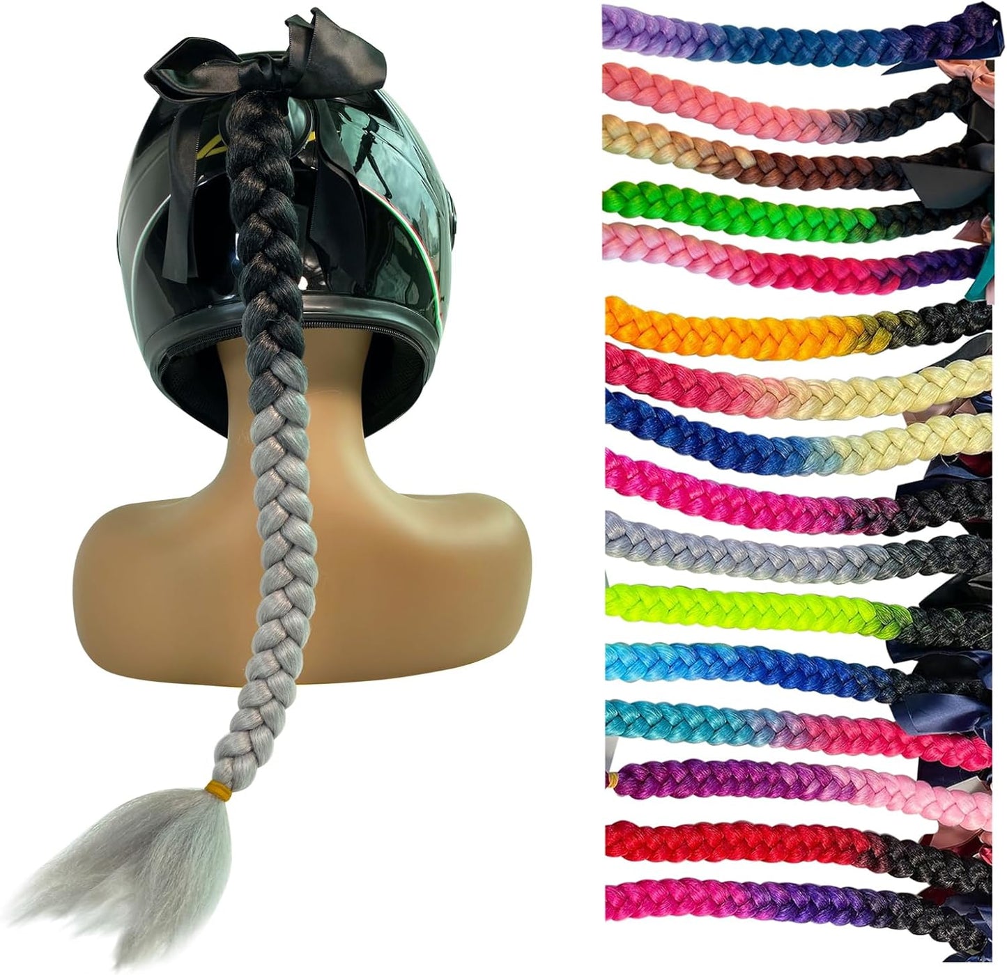 Helmet Hair Pigtails Gradient Ramp Braids Ponytail with Suction Cup for Motorcycle Bike 1PC (Helmet NOT Included)